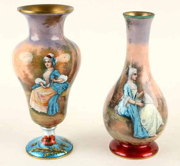 TWO 19TH C. FRENCH ENAMEL VASES GOBY AND NORY