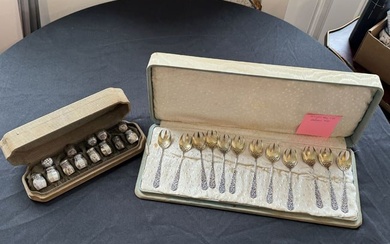 TWO BOXES STERLING SILVER SPOONS AND SALT AND PEPPER SHAKERS