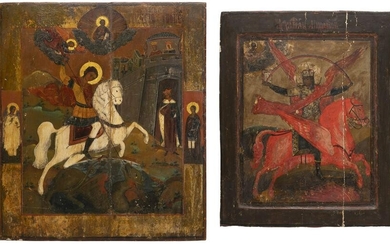TWO ICONS SHOWING ST. GEORGE KILLING THE DRAGON AND THE