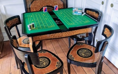 Table - Wood, Roulette, backgammon, games table, with four chairs