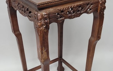 Teak or Rosewood Marble Top Oriental Hand Carved Stand with claw feet. H 36" w 18.5" d 18.5" ..Very