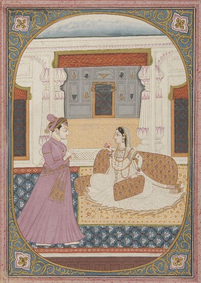 The Heroine Annoyed with her Faithless Lover, a folio from a Rakisapriya Series, Kangra, circa 1830-50, after a painting from the Kangra Rakisapriya series of 1820-30, opaque pigments heightened with gold, in an oval cartouche framed with decorated...