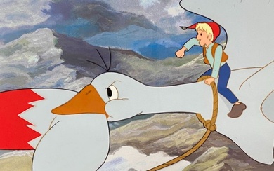 The Wonderful Adventures of Nils (1980) - 1 Original Animation Cel and Drawing of Nils Holgersson, with copy background