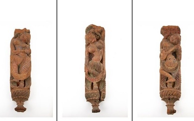 Three Indian Carved Wooden Figural Brackets 17th-18th Century