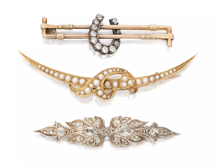 Three bar brooches, comprising: a late Victorian half-pearl set open...