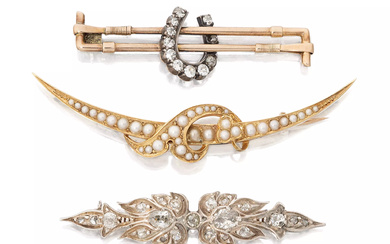 Three bar brooches, comprising: a late Victorian half-pearl set open...