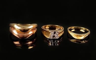 Three rings, one with a "B", 585/14K yellow gold (tested), 2.65g, set with small diamonds, ring siz