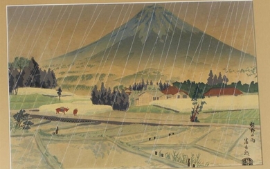 Tomikichiro Tokuriki (1902-1999) - La pluie à Kiraba au pied du Mont Fuji , Japon - Estampe : 29 x 40,6 cm, + le cadre.