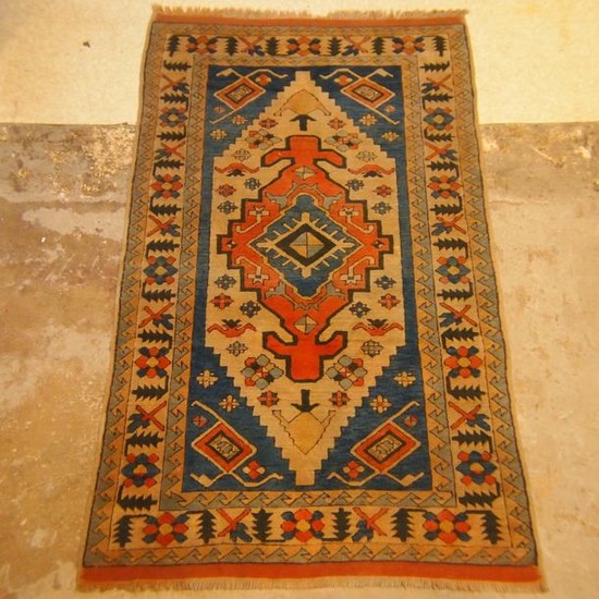 Turkish indigo Kazak around 1930, hand-knotted wool, geometric...