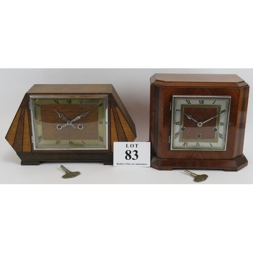 Two 1930s Art Deco mantel clocks one with starburst case and...