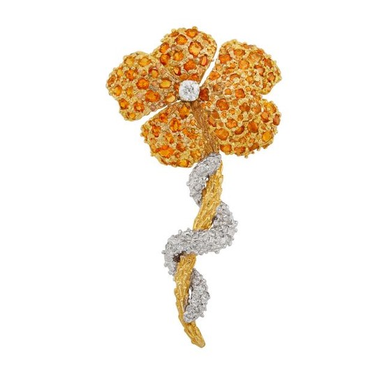 Two-Color Gold, Diamond and Orange Sapphire Flower Brooch