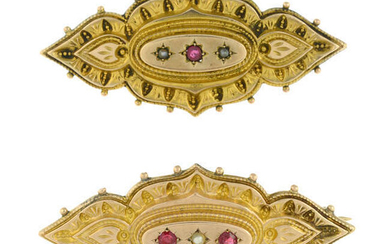 Two Edwardian 9ct gold garnet-topped-doublet and split pearl brooches.