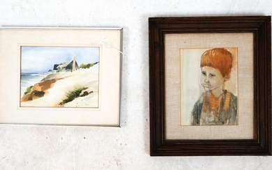 Two Unsigned Watercolors: Portrait and Seascape