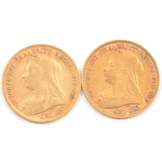 Two Victoria Veiled Head Gold Half Sovereigns, 1900/1901, 8g