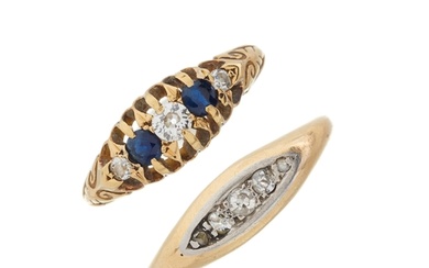 Two gold sapphire and diamond rings, estimated total diamond...