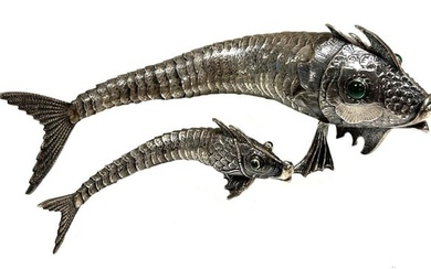 Two mid-20th century Spanish metalwares silver articulated fish ornaments