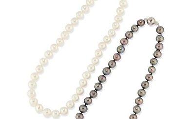 Two pearl and 14K white gold necklaces