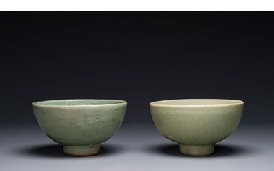 Two rare Chinese Longquan celadon bowls with figural design,...