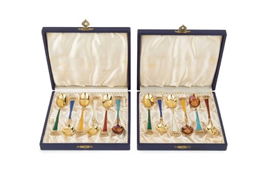 Two sets of six Danish silver-gilt and enamel coffee spoons,...