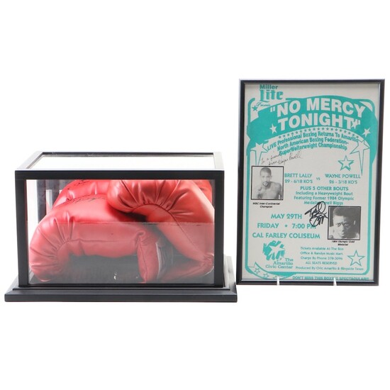 Tyson and Frazier Signed Boxing Gloves with Powell and Biggs Signed Promo Poster