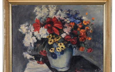 UNBEKANNTER KÜNSTLER. Still life with flowers. “Colourful summer flower bouquet in clay pot”. Oil on canvas.