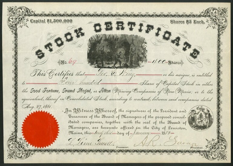 U.S.A.: Good Fortune, Grand Mogul or Alton Mining Companies, New Mexico, a certificate for $5 s...