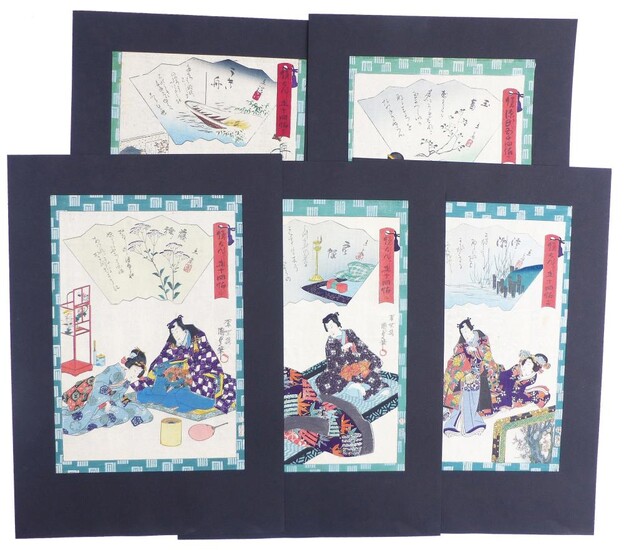 Utagawa Kunisada II (Toyokuni IV): Fünf Blatt aus der Serie ''Genji Goju-Yon Jô'' (54 Kapitel Genjis)