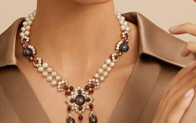 VAN CLEEF & ARPELS: CULTURED PEARL, RUBY AND DIAMOND NECKLACE,...
