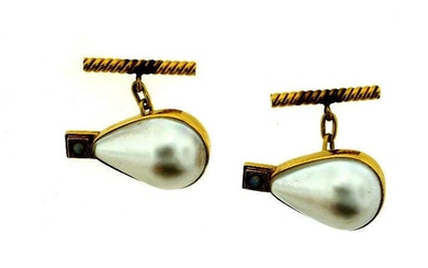 VINTAGE 18K YELLOW GOLD MOBE PEARL CUFFLINKS STAMPED