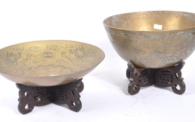 VINTAGE 20TH CENTURY INDIAN BRASS BOWLS W/ STANDS