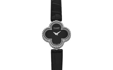 Van Cleef & Arpels 18K White Gold Alligator Diamond Bezel 23mm Sweet Alhambra Quartz Watch Black