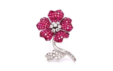 Van Cleef & Arpels Invisible-set Ruby and Diamond Flower Brooch