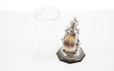 Very unusual "Sterling" marked Shaving Brush & Holder with silver Knight handled Brush titled "The