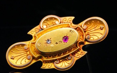 Victorian 10K Gold Mourning Brooch W/Diamond and Ruby