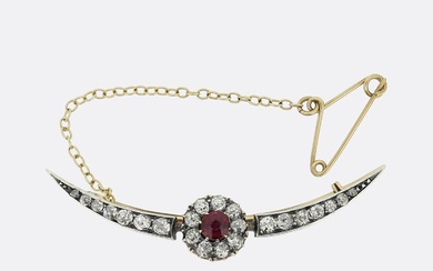 Victorian Ruby and Diamond Crescent Brooch