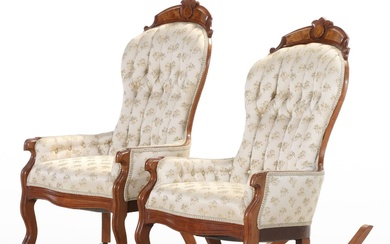 Victorian Walnut, Burl Walnut, and Buttoned-Down Parlor Chair and Rocker