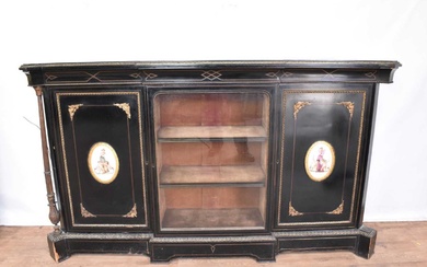 Victorian ebonised and gilt metal mounted breakfront credenza
