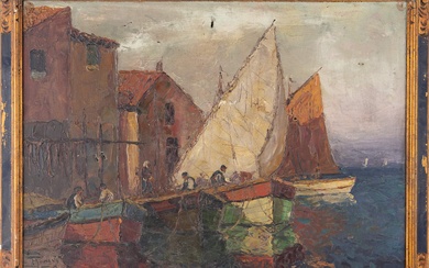 Vincent MANAGO (1880-1936), Les barques animées, huile sur toile signée en bas à gauche, H...
