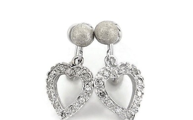 Vintage 1940's Diamond Heart Dangle Drop Earrings 14K White Gold, 3.21 Grams