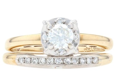 Vintage Diamond Engagement Ring & Wedding Band, 14k Gold Round Brilliant .45ctw