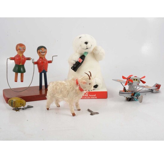 Vintage toys; five including German tin-plate clock-work chick.