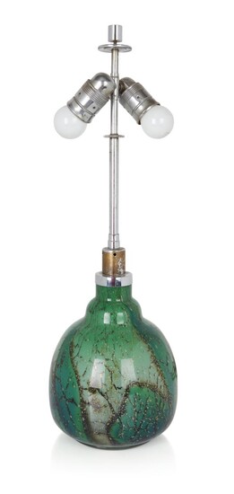 WMF (Wurttembergische Metalwarenfabrik), 'Ikora' three light table lamp with internal light, circa 1930, Green variegated glass, chromed metal, electrical fittings, Stamped to stem 'WMF Ikora', 56cm high It is the buyer's responsibility to ensure...