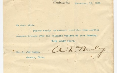 William McKinley Bold TLS on Ohio "Executive Department" Stationery Less Than 1 Week After His
