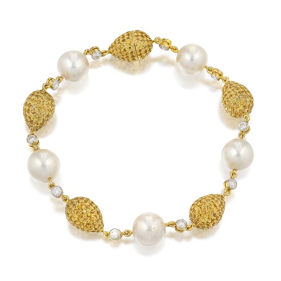 Yellow Sapphire Diamond and Cultured Pearl Bracelet