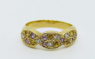 Yellow gold braided ring set with yellow sapphires, pink sapphires and diamonds. Gross weight 4.8 g. TDD 53.
