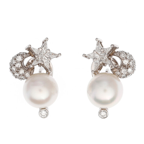 You and me earrings with Australian pearls and diamonds in the shape of a star and moon.