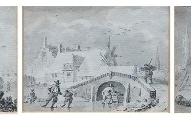 attributed to Hendrik Meijer (1744-1793), Three inkdrawings in one frame, Three landscapes...