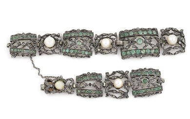 (-), zilveren opengewerkte fantasie schakel armband, bezet met...