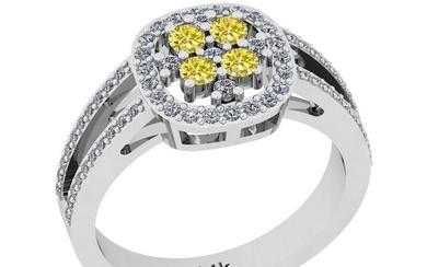 0.72 Ctw I2/I3 Treated Fancy Yellow And White Diamond 14K White Gold Cluster Ring