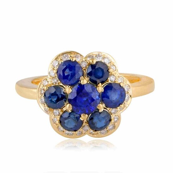14K Gold 3 TCW HI/SI Diamond Blue Sapphire Floral Ring
